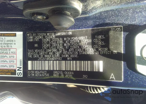 2006 Toyota 4Runner Sr5 V6 z USA, uszkodzony, nr VIN JTEZU14R068049943